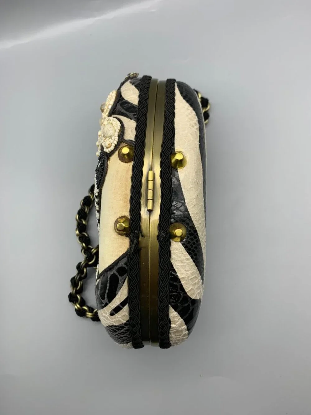 Vintage Mary Frances Zebra-Beaded Handbag Clutch with Removable Shoulder Chain